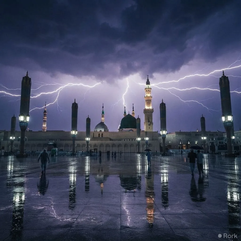 AI-generated illustration: Heavy rain and lightning illuminate Madinah night, NCM warns of continued storms