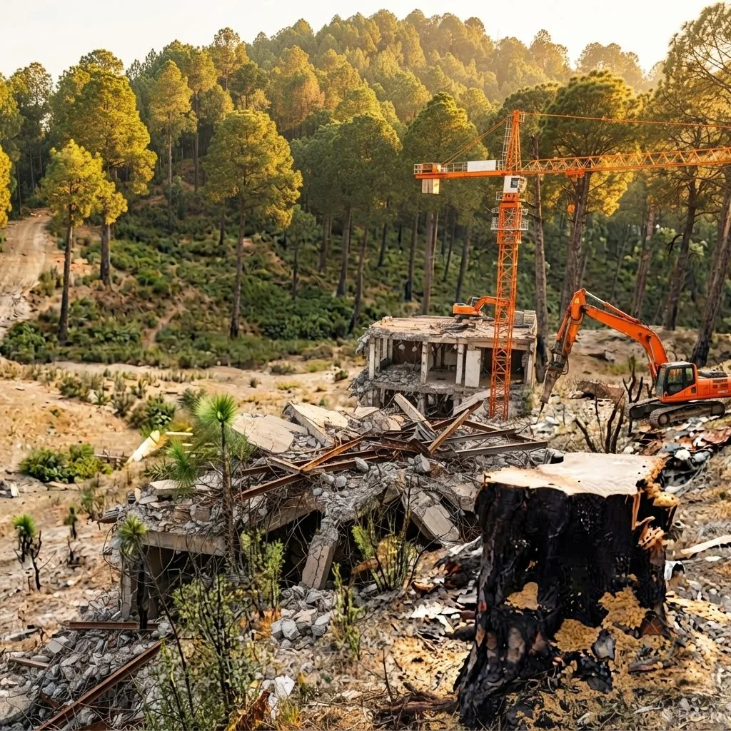 AI-generated illustration: Punjab authorities demolish illegal multi‑storey plaza on Murree forest land