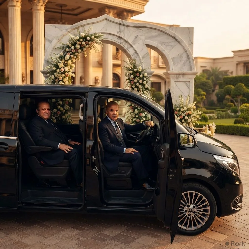 AI-generated illustration: PM Shehbaz Sharif drives shuttle carrying former PM Nawaz Sharif to Mahnoor Safdar's nikah at Jati Umra