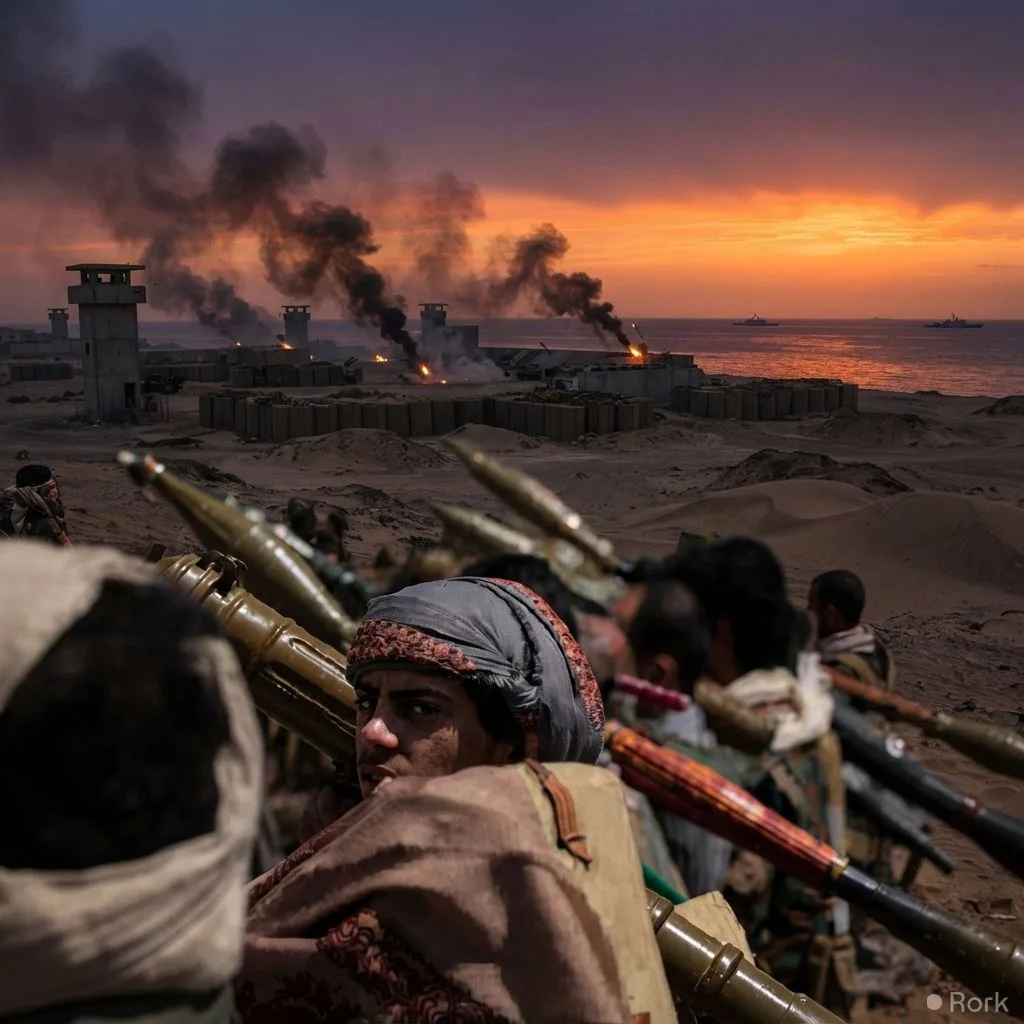 AI-generated illustration: Houthis launch missile strike on Saudi Arabian Red Sea military base, intensifying Yemen conflict