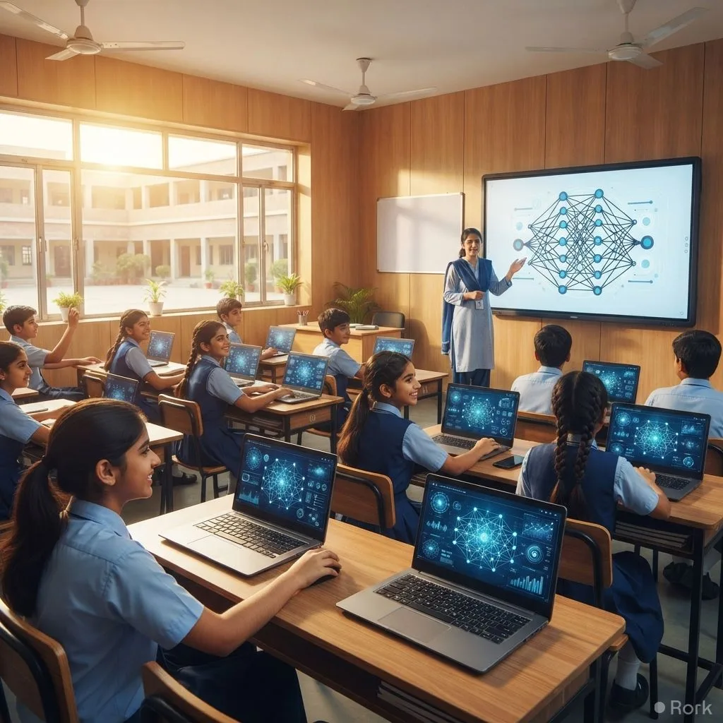 AI-generated illustration: Pakistani government schools will train Grades 8‑10 students in AI using Google Gemini starting next academic year