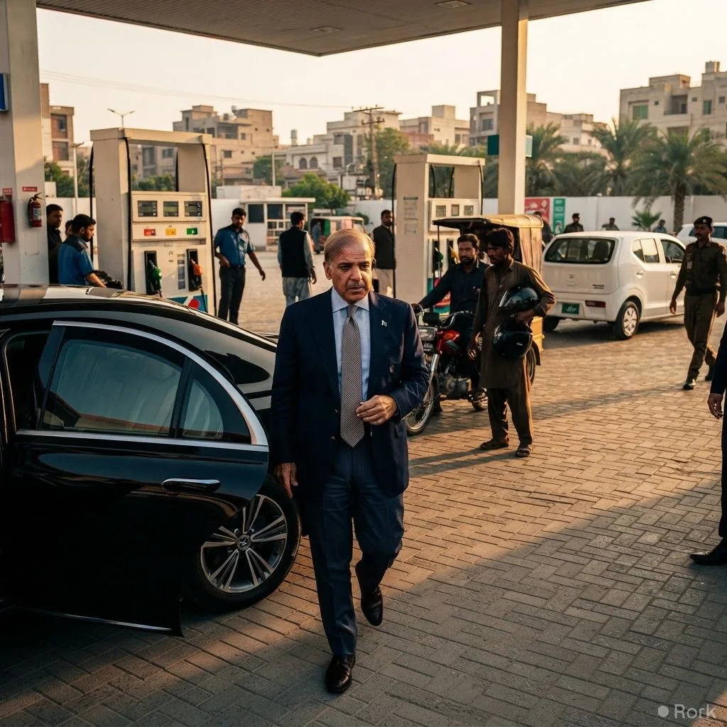 AI-generated illustration: PM Shehbaz Sharif announces Rs100‑per‑litre petrol relief for motorcycles, rickshaws and small cars
