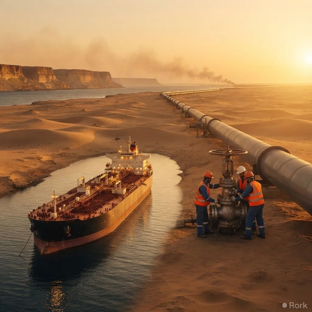 AI-generated illustration: Saudi East-West pipeline shutdown pushes crude oil above $107 per barrel amid Red Sea threats