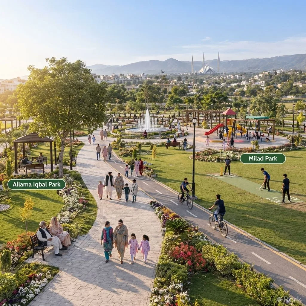 AI-generated illustration: Rawalpindi Opens Allama Iqbal Park and Milad Park, Adding Two New Family Recreation Spaces