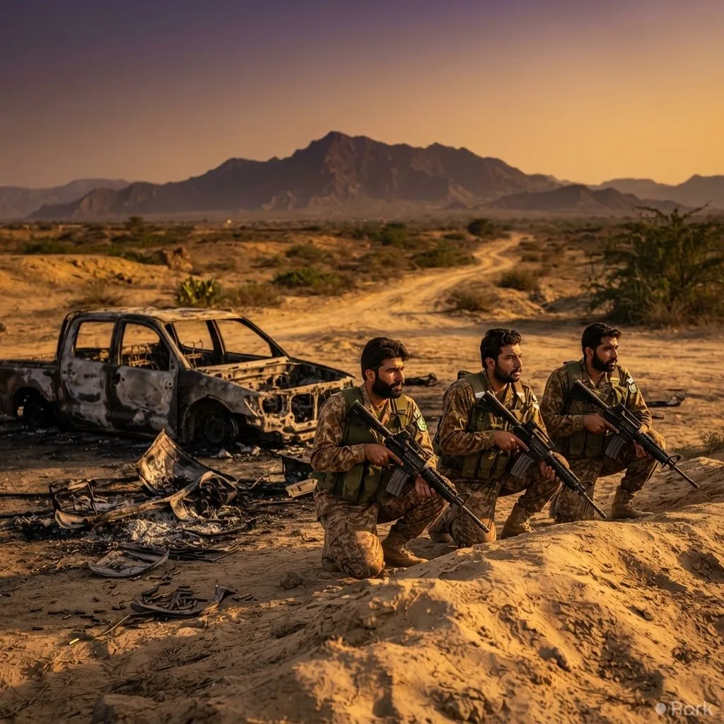 AI-generated illustration: Security forces kill four terrorists in Panjgur IBO as search for abducted DC continues