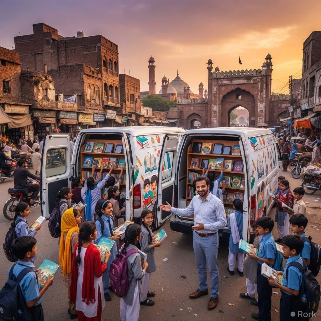 AI-generated illustration: Lahore launches “Libraries on Wheels” mobile library project for students