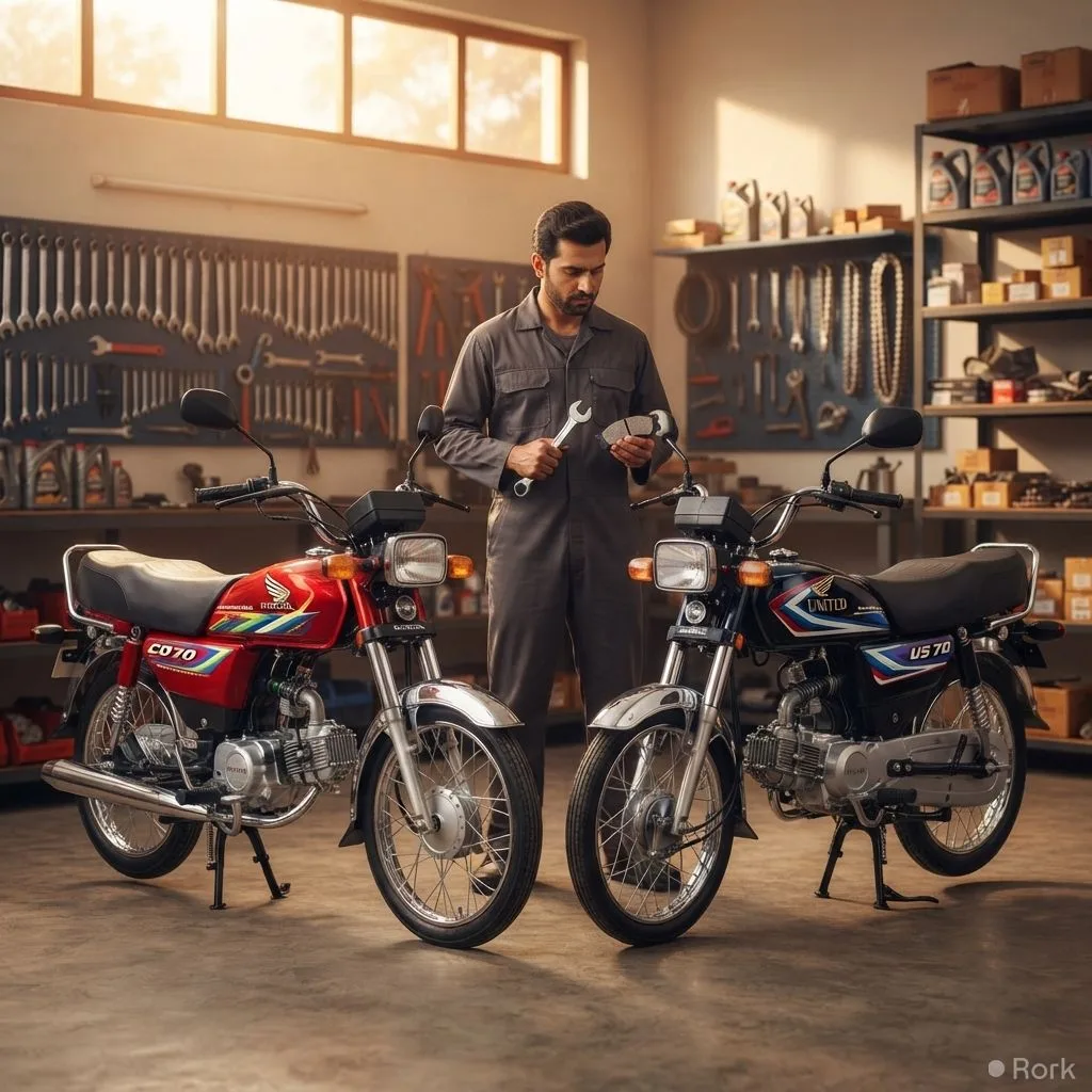 AI-generated illustration: Honda CD 70’s annual maintenance cost is about 30% lower than United US 70 in Pakistan