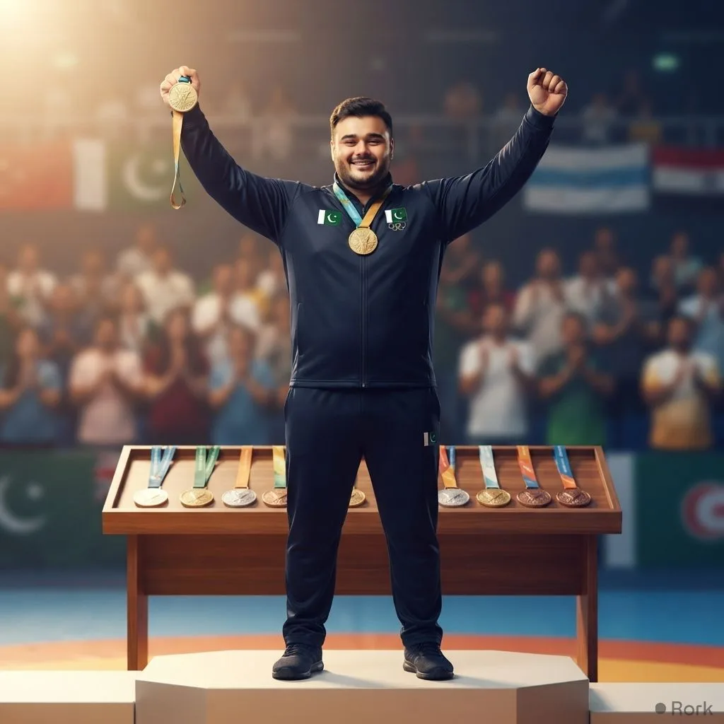 AI-generated illustration: Nooh Dastgir Butt Secures 50 International Medals for Pakistan Across Commonwealth, World and Asian Championships