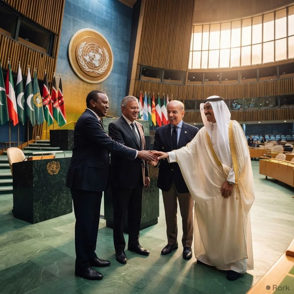 AI-generated illustration: PM Shehbaz Sharif and DPM Ishaq Dar meet Kenya and Kuwait leaders at UNGA, agreeing to boost trade, defence and SEZ inve