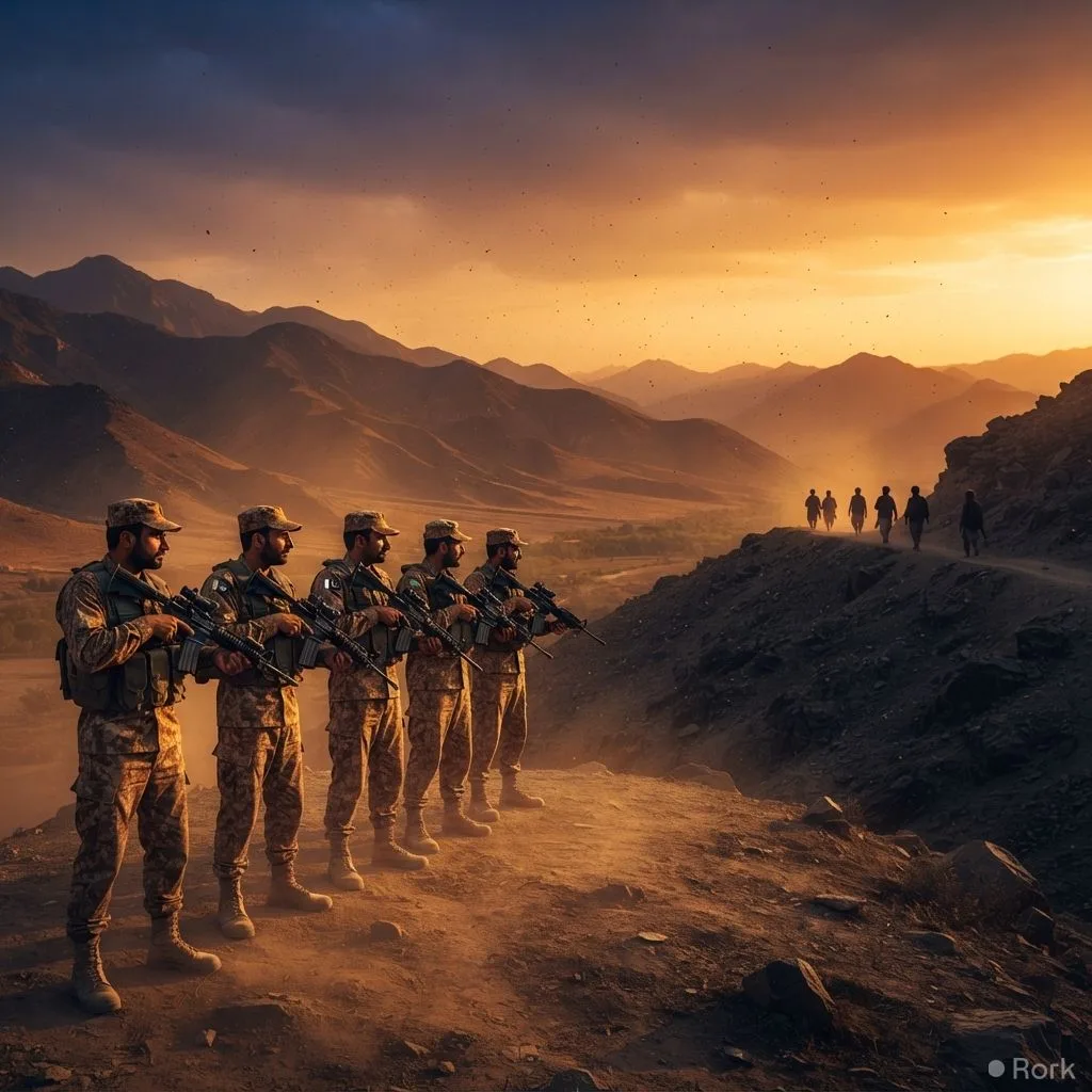 AI-generated illustration: Pakistani forces repel Afghan Taliban infiltration attempt, prompting militants to abandon border posts