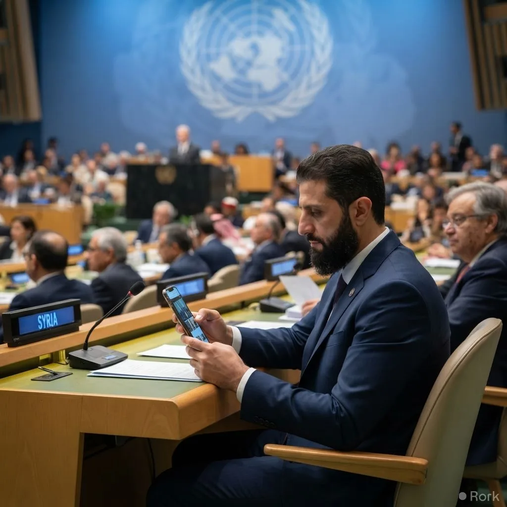 AI-generated illustration: Syrian President Ahmed al‑Sharaa Caught Scrolling Instagram Reels During UN General Assembly Session
