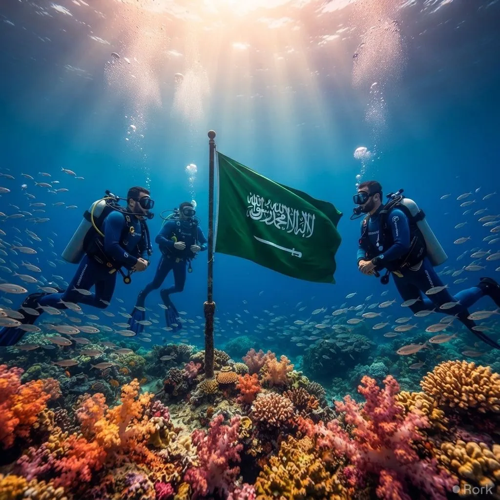AI-generated illustration: Divers Raise Saudi Flag Underwater in Red Sea to Mark 96th National Day