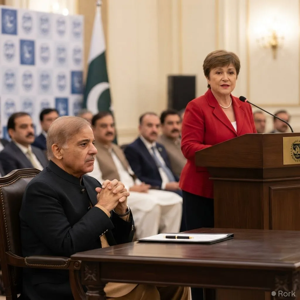 AI-generated illustration: IMF chief praises Pakistan's reform progress and says continued measures will boost growth as PM Shehbaz vows to stay th