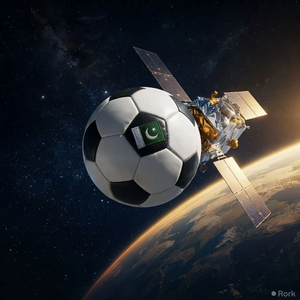 AI-generated illustration: Pakistani‑manufactured football launched into orbit on national satellite mission