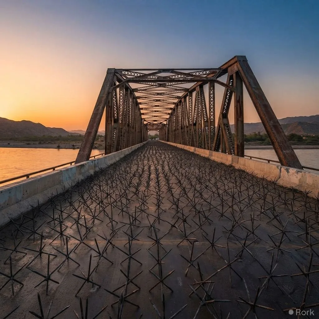 AI-generated illustration: Government installs nail‑sheet on Attock Bridge to deter PTI protest on Sep 27