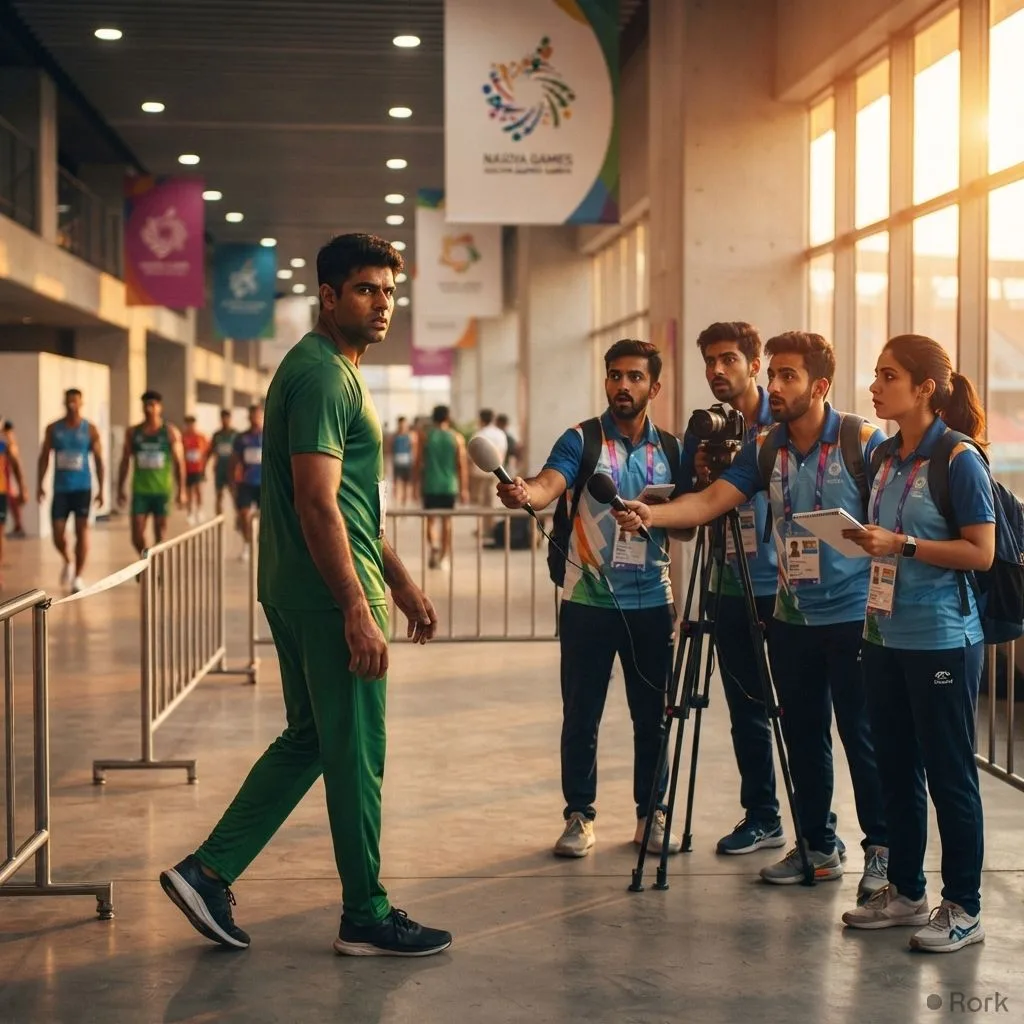 AI-generated illustration: Arshad Nadeem refuses interview with Indian media crew during Asian Games mixed zone in Nagoya