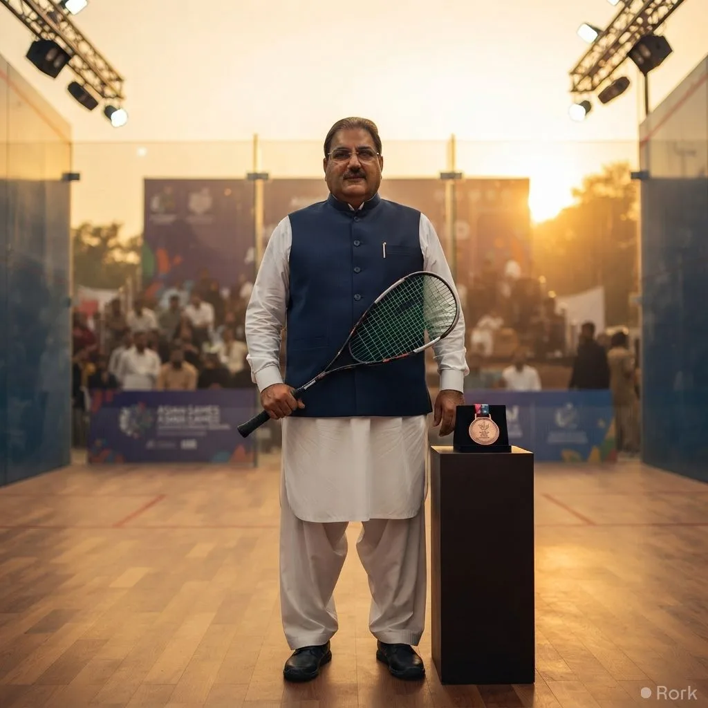 AI-generated illustration: Ashab Irfan clinches bronze for Pakistan in men’s squash at the 2026 Asian Games