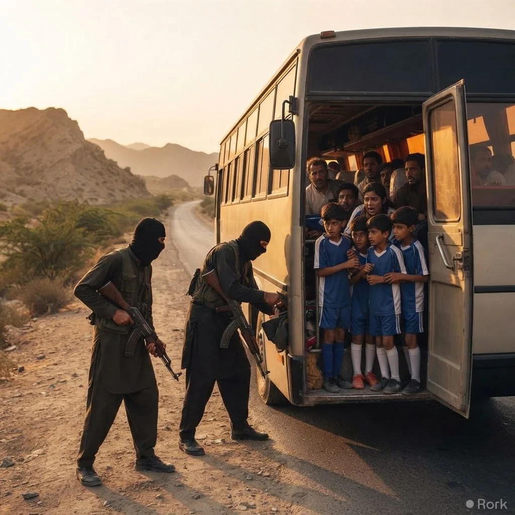 AI-generated illustration: Armed robbers hijack bus, stealing cash and phones from Karachi football team bound for Quetta