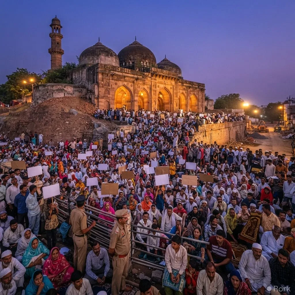 AI-generated illustration: Thousands protest in Ujjain against demolition of 600‑year‑old Shahi Mosque minaret