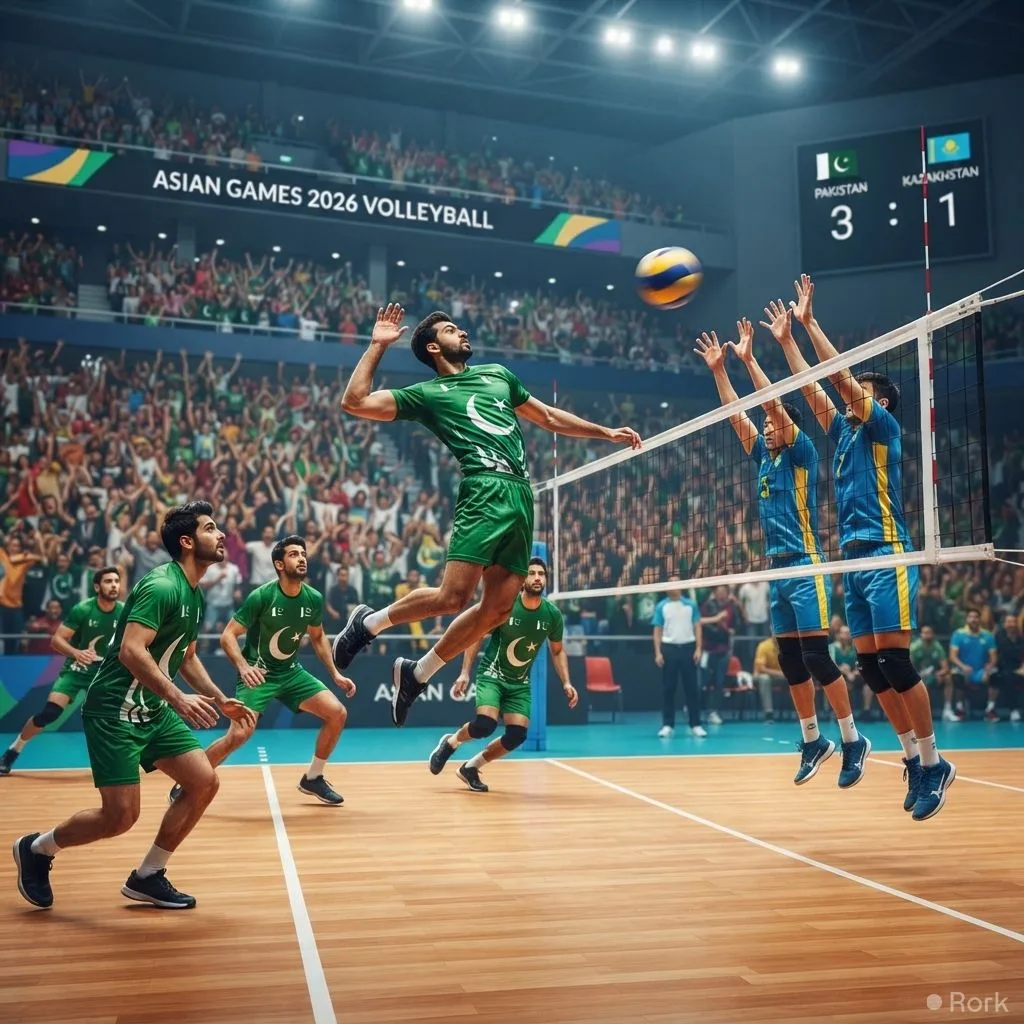 AI-generated illustration: Pakistan defeats Kazakhstan 3-1 to open Asian Games 2026 volleyball campaign
