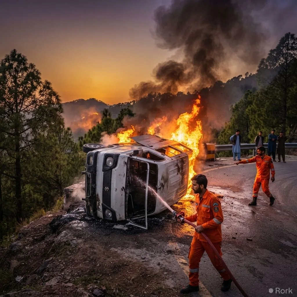 AI-generated illustration: School van catches fire near Murree, driver and ten children injured