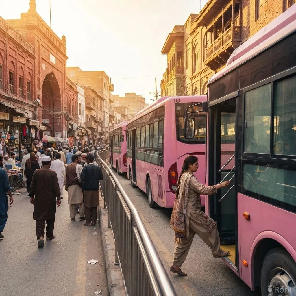 AI-generated illustration: Khyber Pakhtunkhwa CM Sohail Afridi launches dedicated Pink Bus service for women in Peshawar