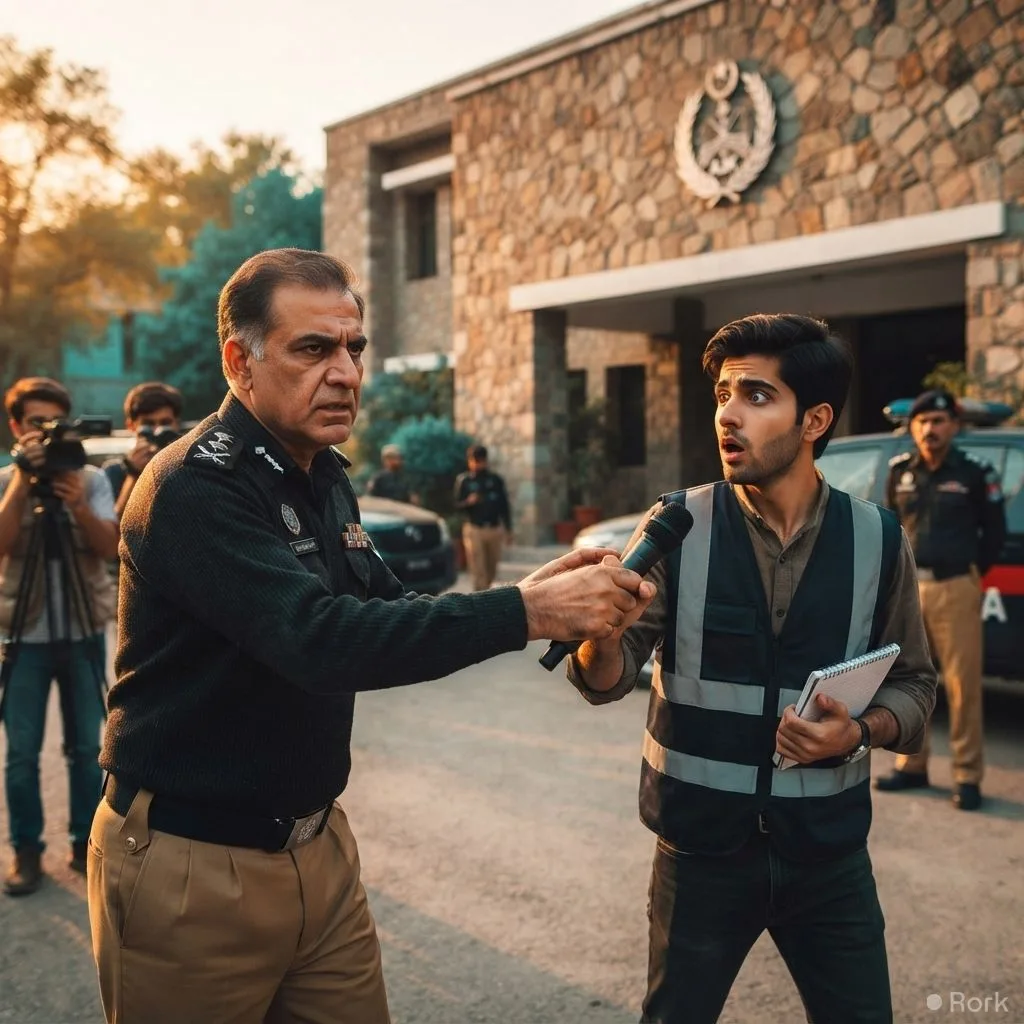 AI-generated illustration: AJK Police IG Liaqat Ali Malik Seizes Journalist’s Mic During Probe of Protester Deaths