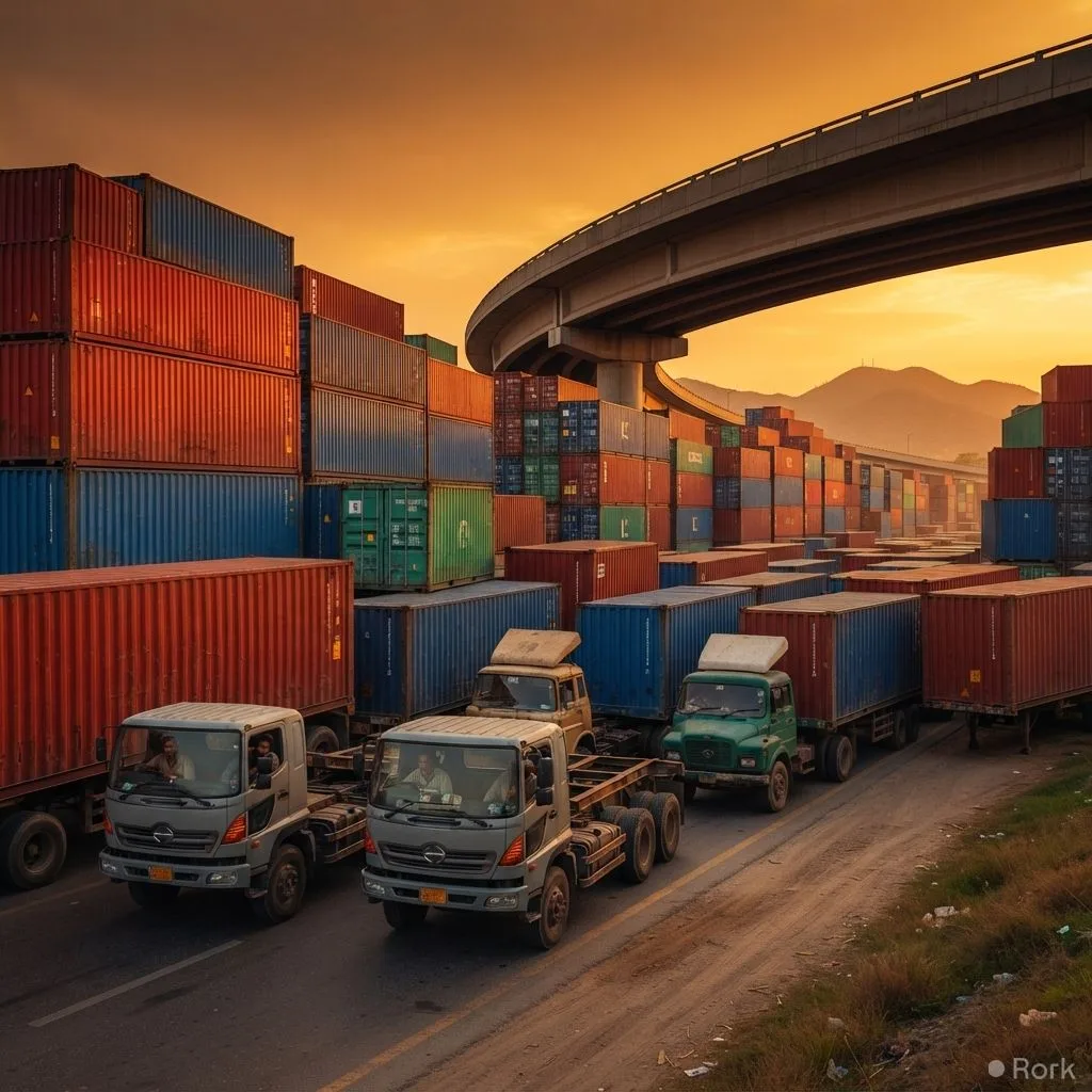 AI-generated illustration: Thousands of Containers Remain Stranded at Pindi Bhattian Motorway Interchange for Over Three Days, Endangering Goods Wo