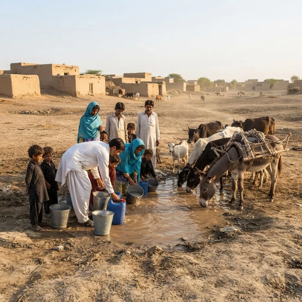 AI-generated illustration: Residents of Jaro, Dera Ghazi Khan Drink Contaminated Water Alongside Animals Amid Severe Shortage