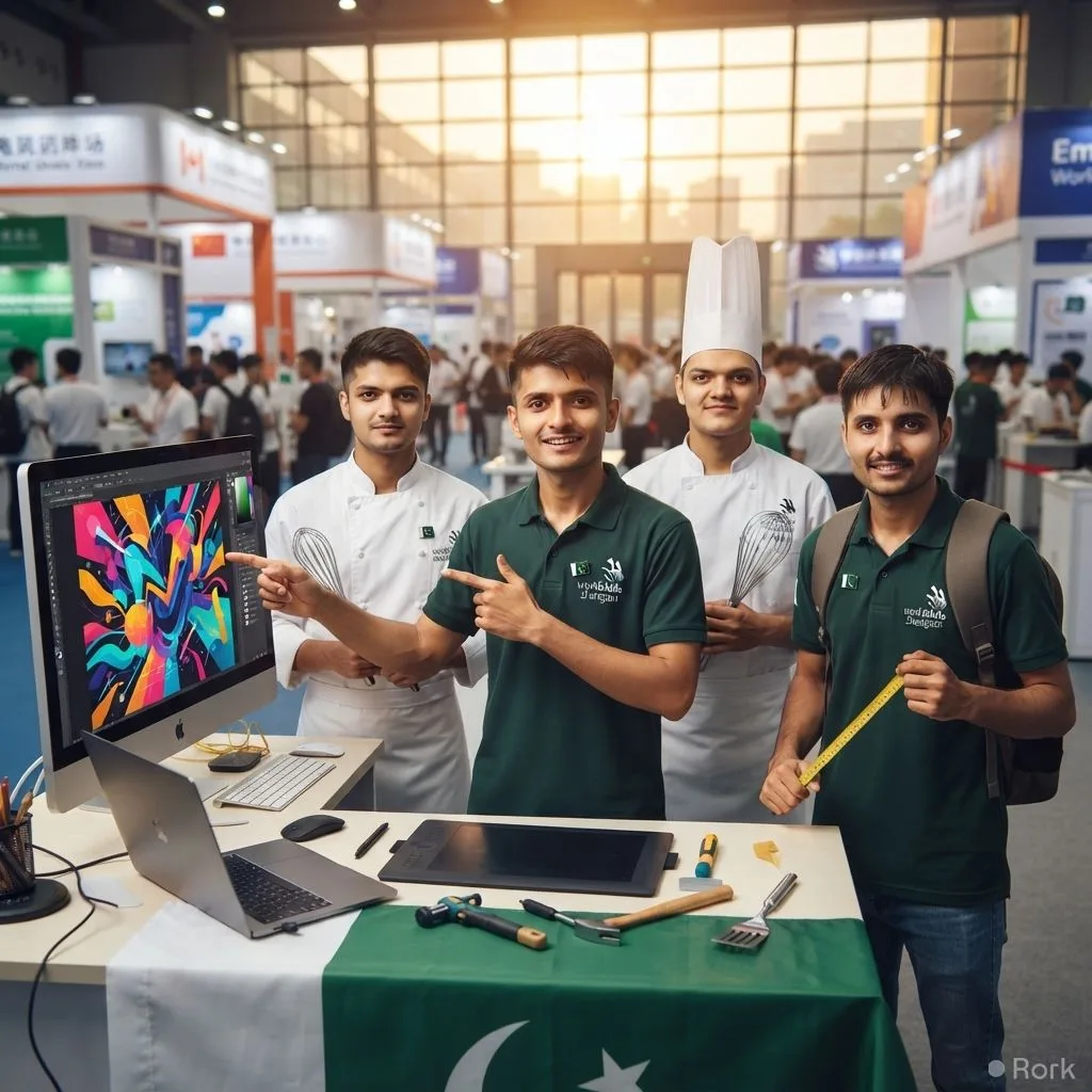 AI-generated illustration: Three Pakistani Youth Showcase Creative Skills at WorldSkills Shanghai, Marking Pakistan’s Debut