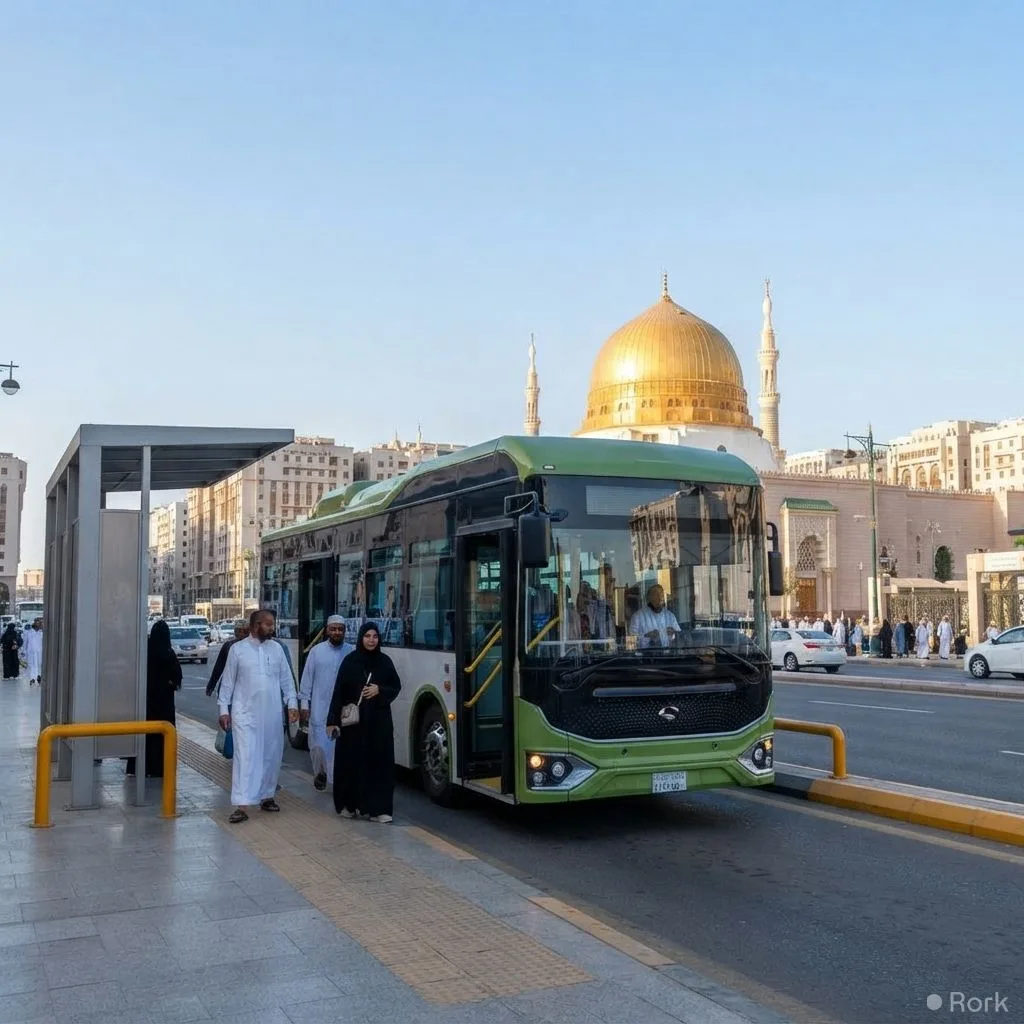 AI-generated illustration: Madinah Cuts Airport Bus Fare to SAR 3.45 and Launches Direct Route to Masjid Nabawi