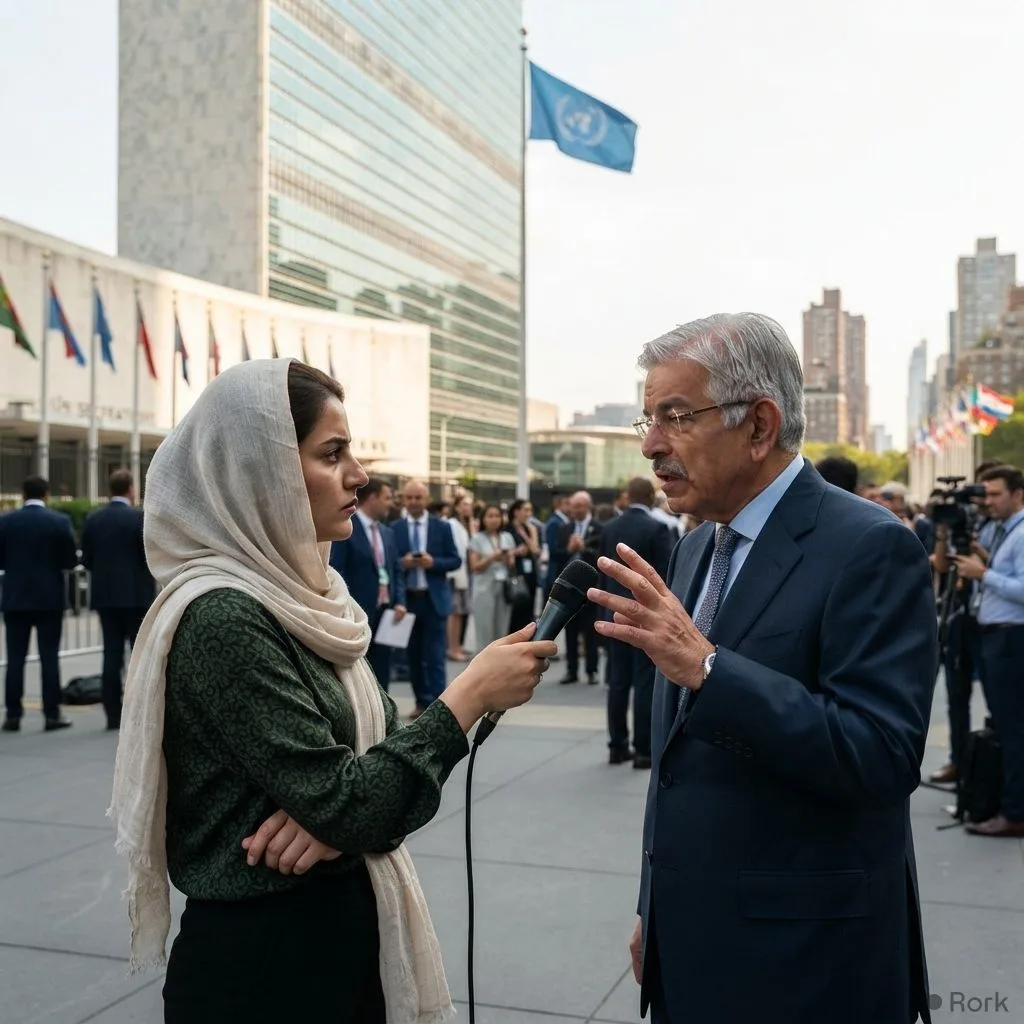 AI-generated illustration: Pakistan Defence Minister Khawaja Asif Calls Afghan Journalist ‘Not a Good Neighbour’ Outside UN