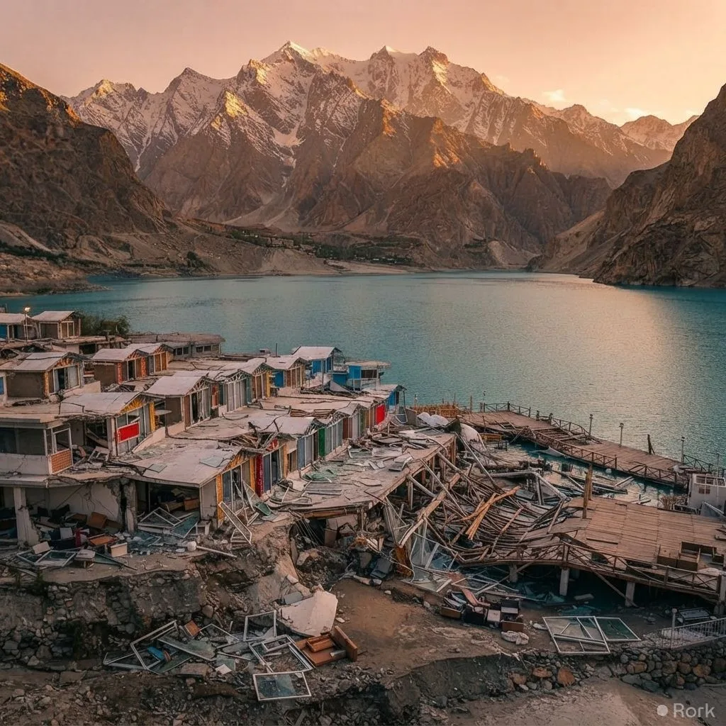 AI-generated illustration: Luxury resort Luxus Hunza reportedly being demolished near Attabad Lake over flood damage concerns