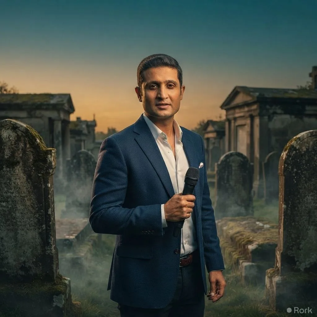 AI-generated illustration: Podcaster Rehan Tariq Films Upcoming “Qabristan Podcast” Inside a Graveyard