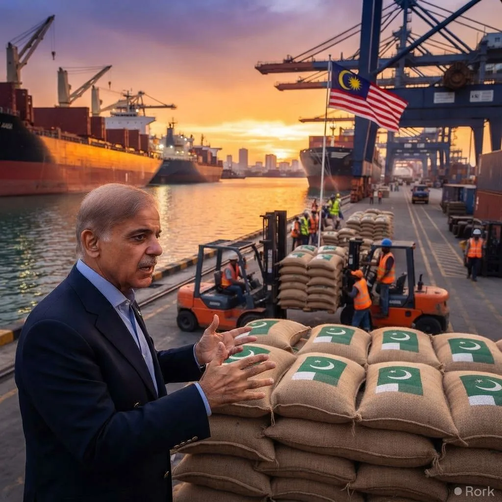 AI-generated illustration: PM Shehbaz Sharif Announces Pakistan Will Export 70,000 Tonnes of Rice to Malaysia by December 2026