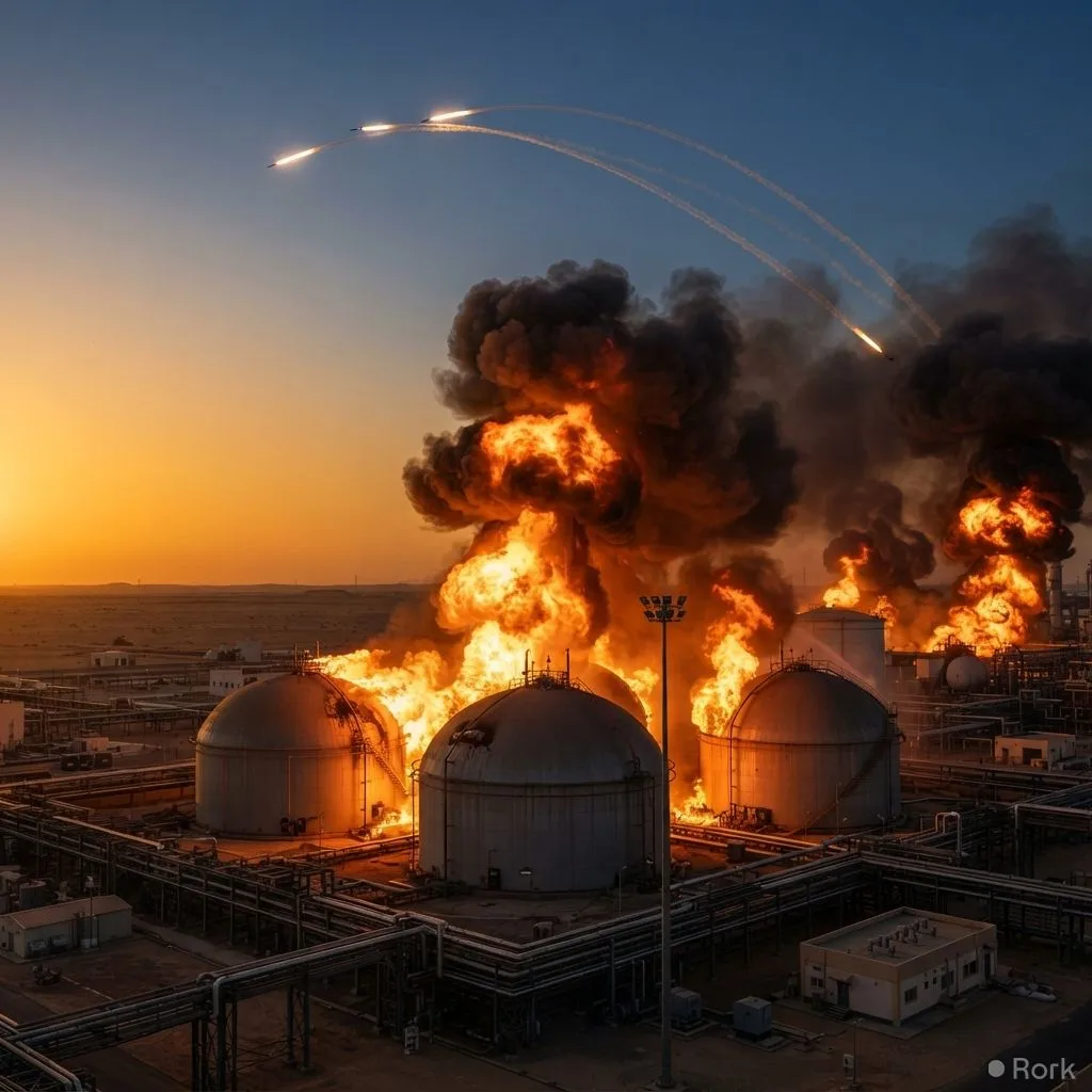AI-generated illustration: Houthis launch missile strike on Saudi oil facility near Riyadh as Saudi forces bomb Sanaa
