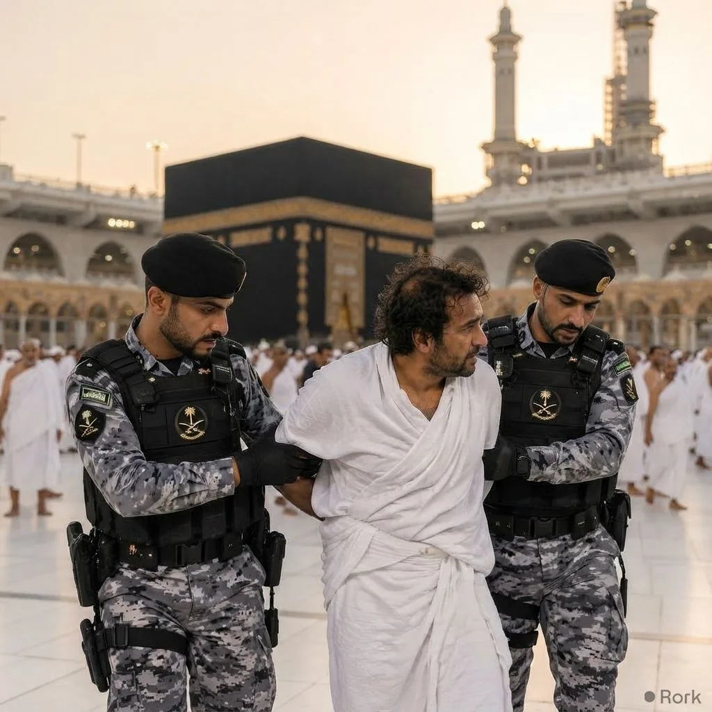 AI-generated illustration: Saudi authorities deny suicide‑bombing report and say a man was arrested for harassing worshippers at the Grand Mosque