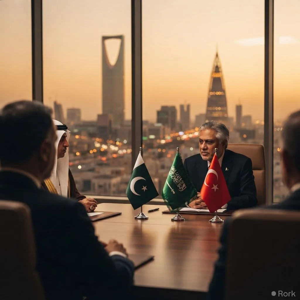 AI-generated illustration: Pakistani Deputy PM Ishaq Dar and Defence Minister Asif to Meet Saudi and Turkish Leaders in Riyadh under Makkah Defence
