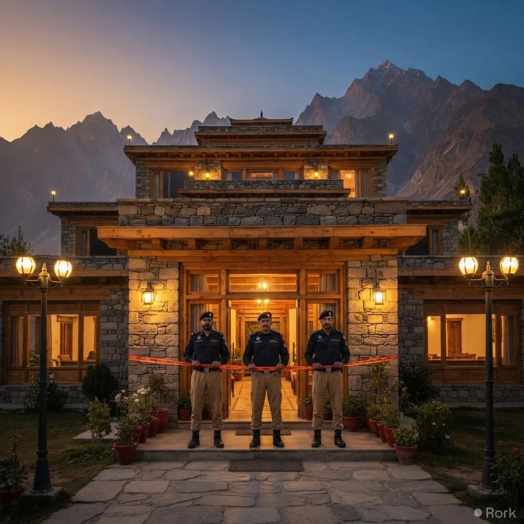 AI-generated illustration: Hunza District Administration Seals Ambiance Hotel After Viral Inappropriate Dance Party Video