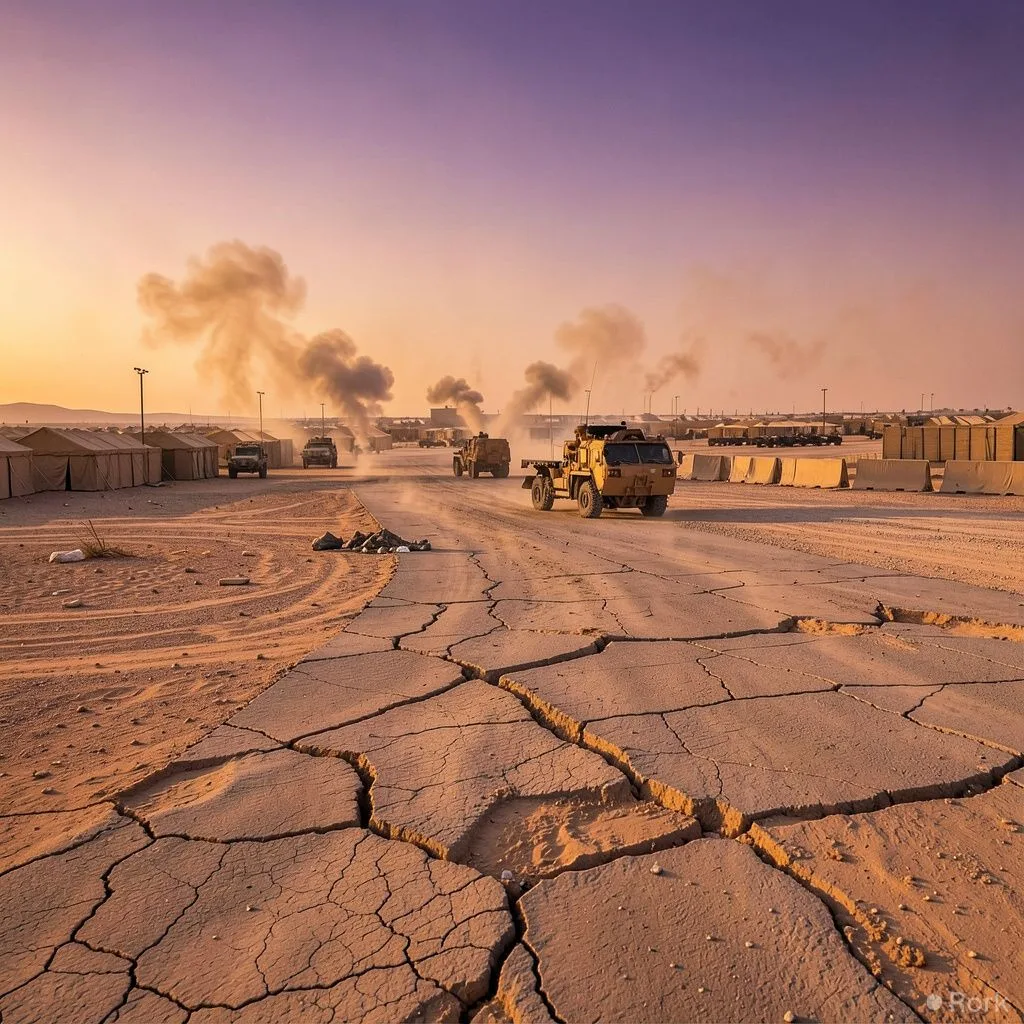 AI-generated illustration: U.S. withdraws most troops from Kuwait’s Camp Buehring after Iranian missile and drone attacks
