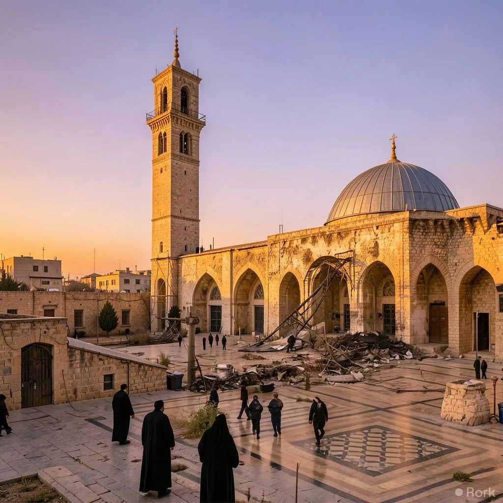 AI-generated illustration: Aleppo’s 12th‑Century Great Umayyad Mosque Reopens Thursday After Years of Restoration
