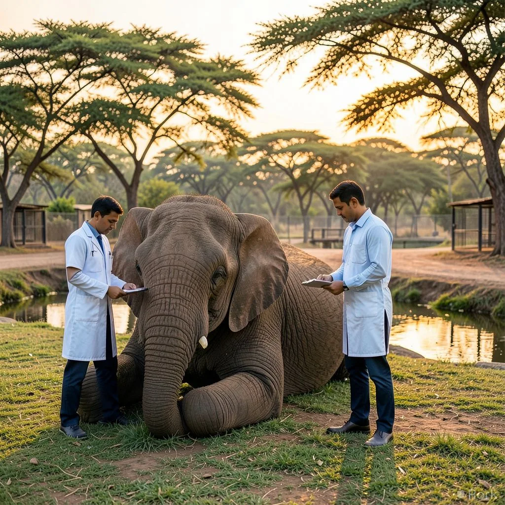 AI-generated illustration: Foreign and local veterinarians conduct joint assessment of ailing elephant Madhubala at Karachi Safari Park