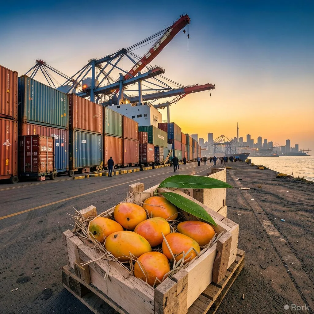 AI-generated illustration: Pakistan earns Rs 29.7 billion by exporting 85,247 tonnes of mangoes to 49 countries, with the UK buying $29.9 million