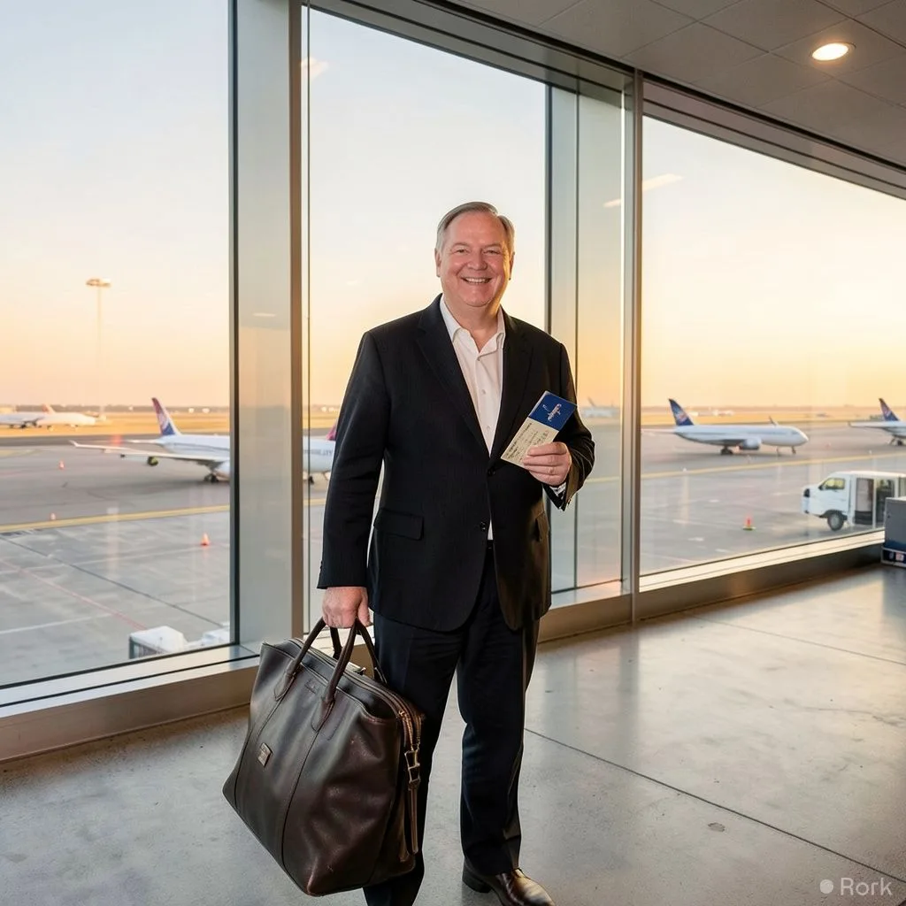 AI-generated illustration: New Jersey Consultant Tom Stuker Logs Over 23 Million Miles Using a 1990 United Airlines Lifetime Pass