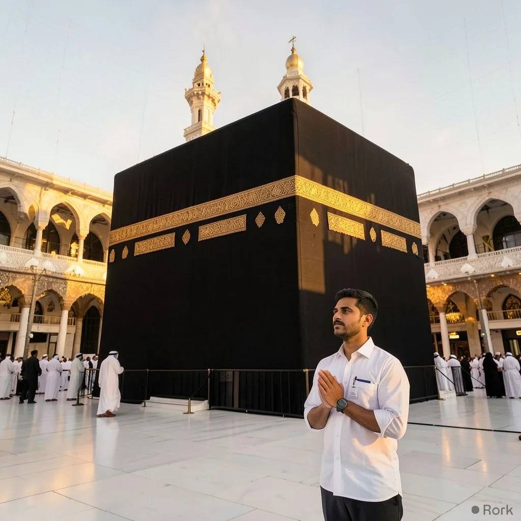 AI-generated illustration: Pakistani Kaaba worker declines cash reward, asks to pray inside Hijr‑e‑Ismail