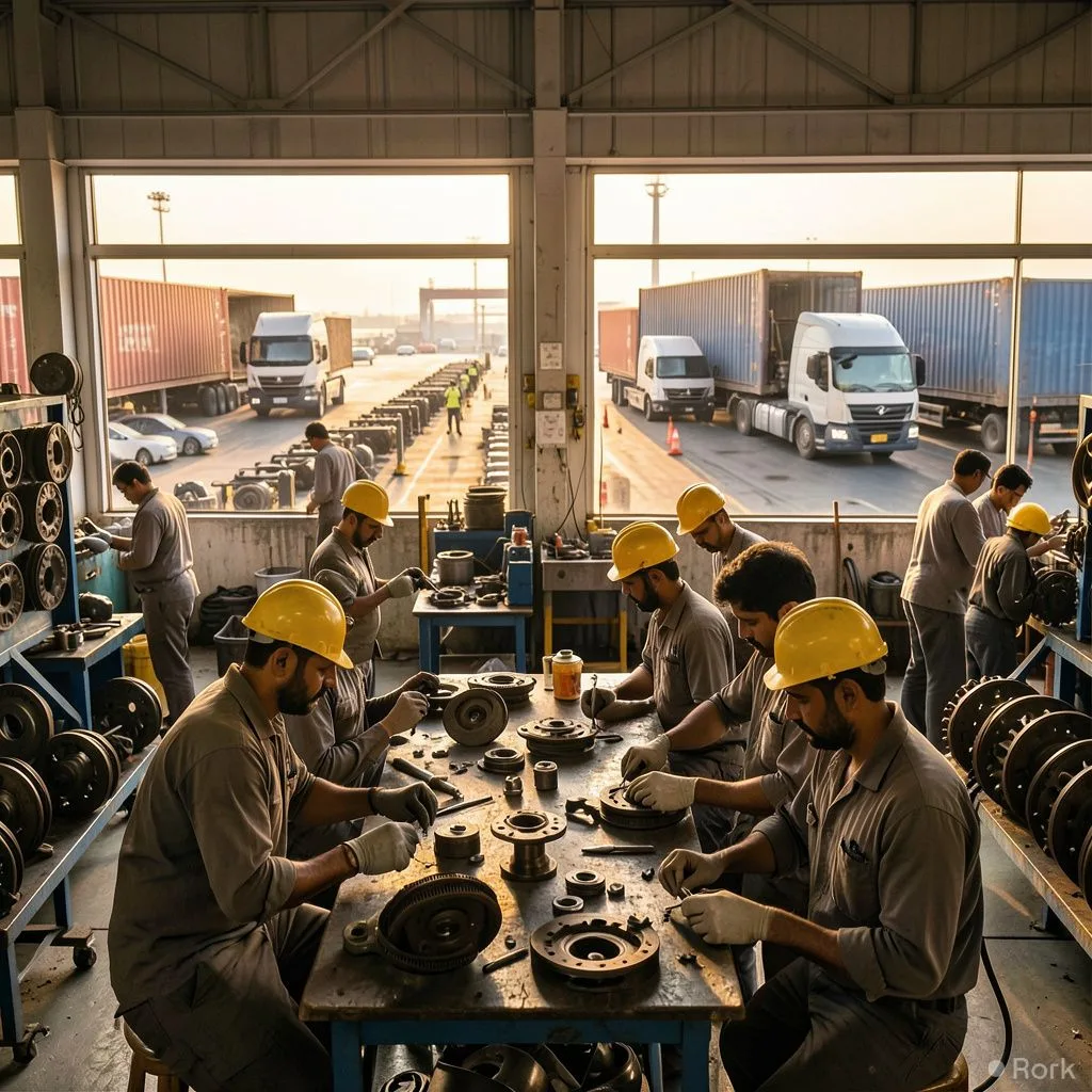 AI-generated illustration: PAAPAM warns relaxed used‑vehicle import rules could cost 300,000 direct and 1.5 million indirect auto‑parts jobs in Pak