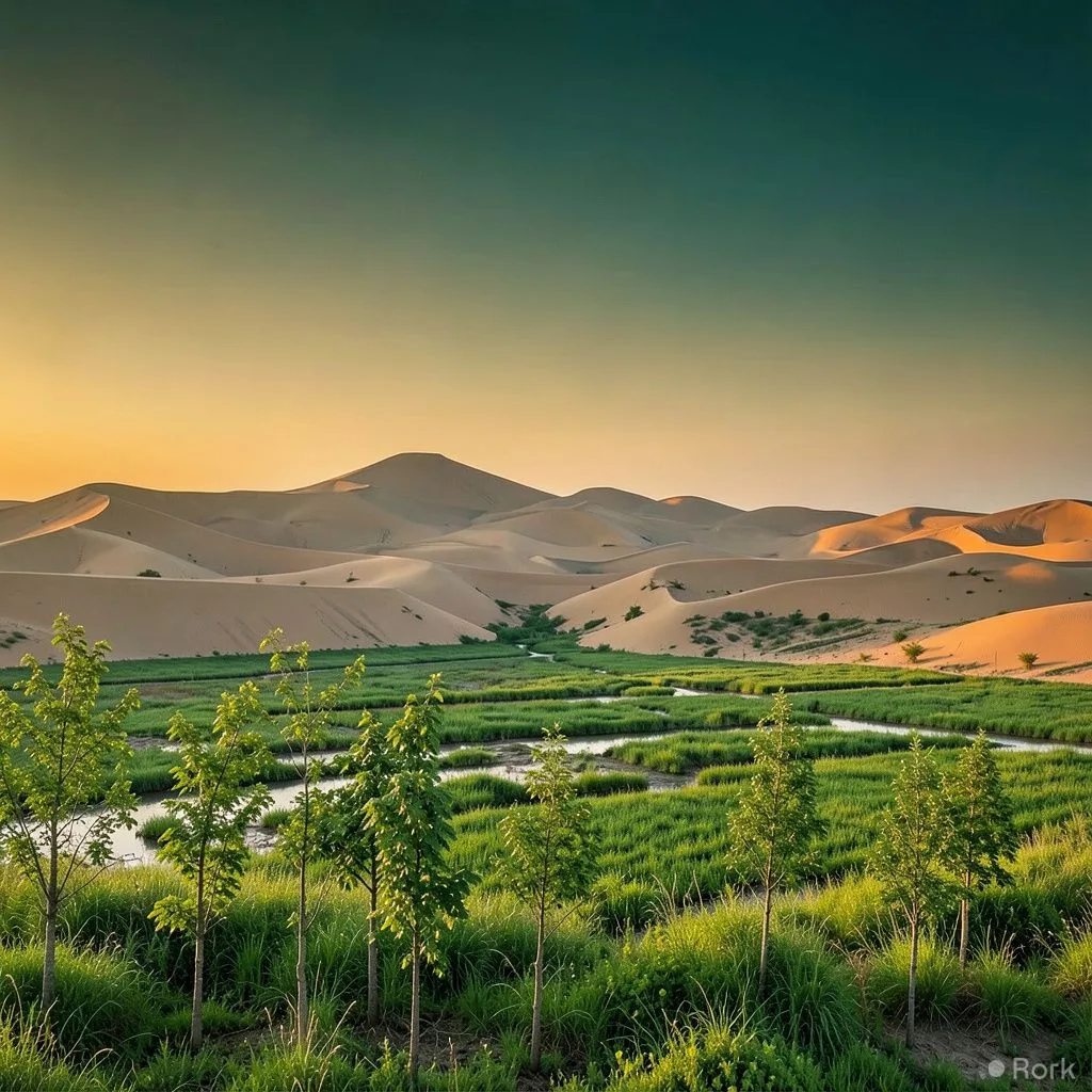 AI-generated illustration: China reports 85% of Mu Us Sandy Land reclaimed after 70 years of desertification control