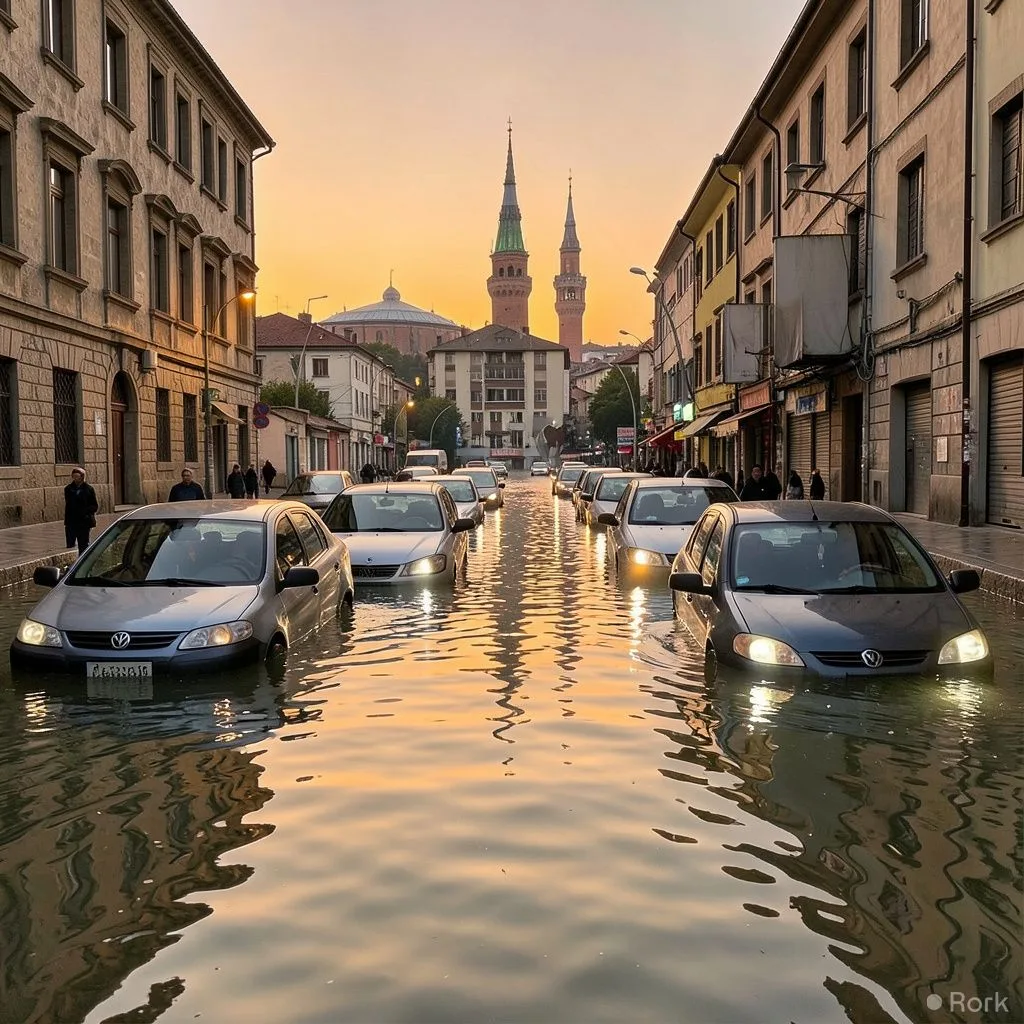 AI-generated illustration: Heavy rain floods Istanbul streets, stranding vehicles and halting traffic on Oct 14, 2026